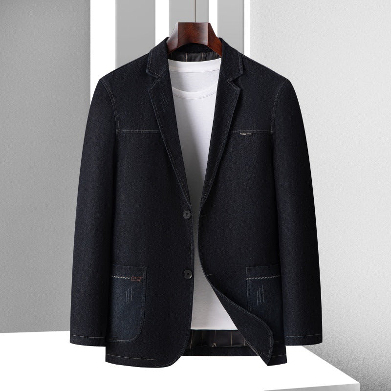 Men's Smart-Casual Denim Blazer with Patches and Contrast Seams Chichicherry