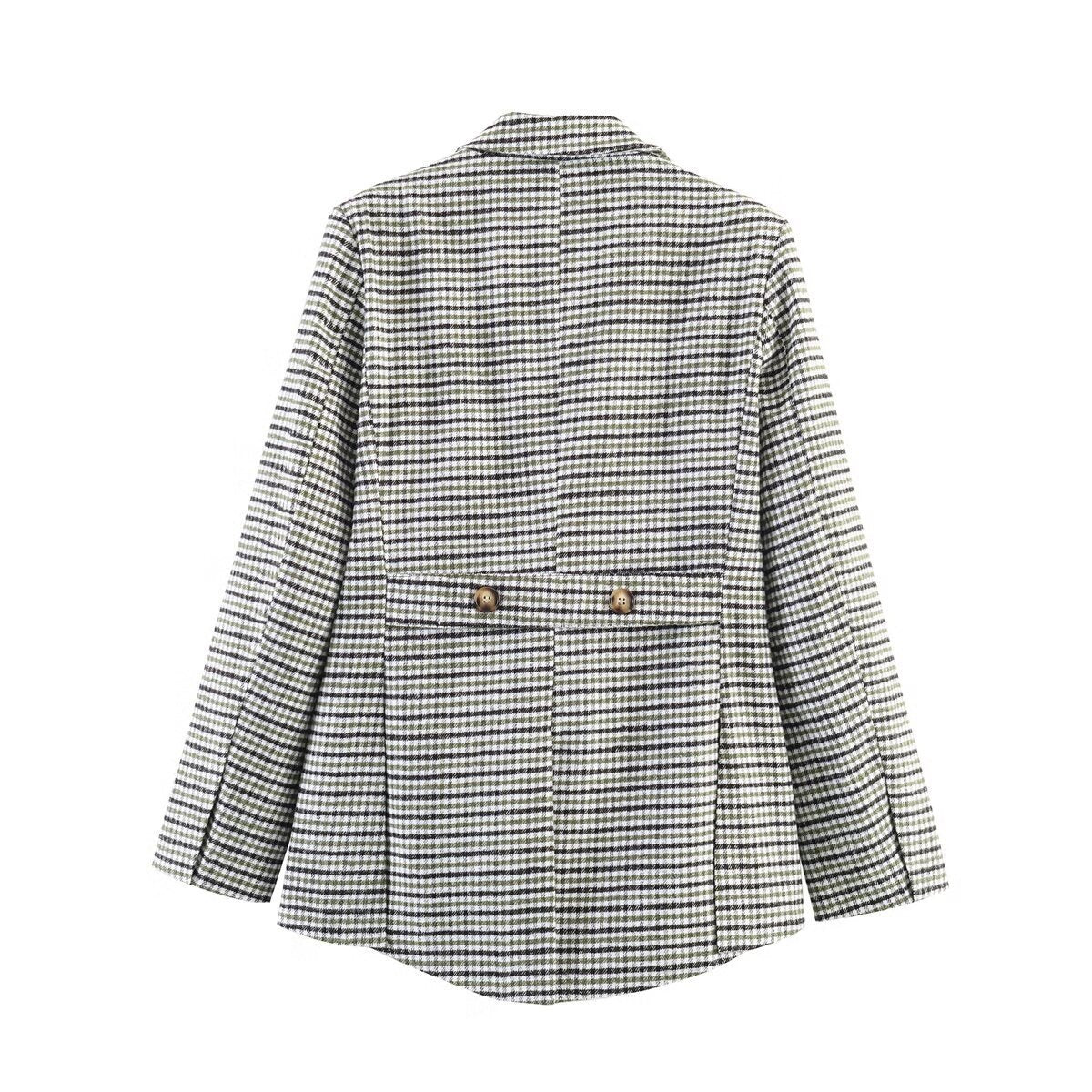 Women Double-Breasted Houndstooth Blazer with Tail Hem and Lapel Collar Chichicherry
