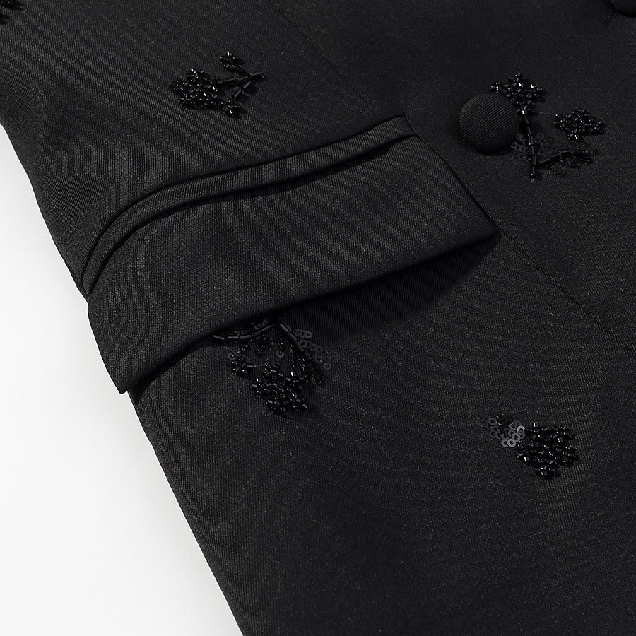 Women's Double-Breasted Blazer with Sequin Flowers and Shawl Collar Chichicherry