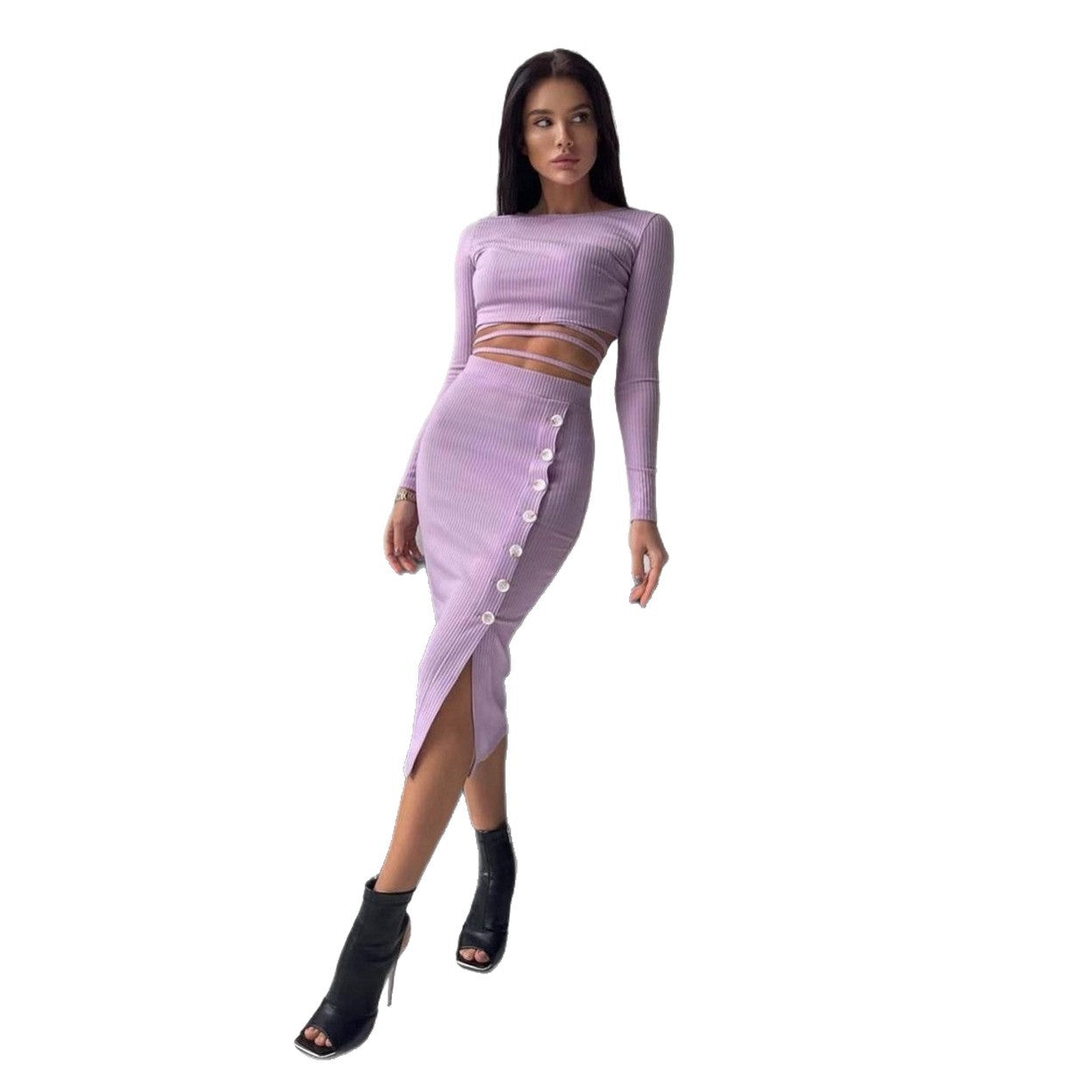 Damen Geripptes zweiteiliges Set mit Cropped-Langarmtop, Wickelband und taillenbetontem Knopf-Midirock Chichicherry
