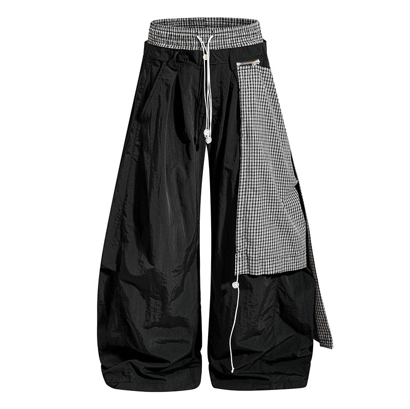 Women's wide baggy pants with asymmetrical check side panel and drawstring Chichicherry