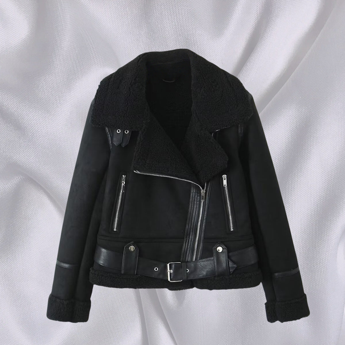 Women's Short Cut Lambskin Imitation Biker Jacket with Asymmetric Zipper, Belt and Teddy Lining Chichicherry