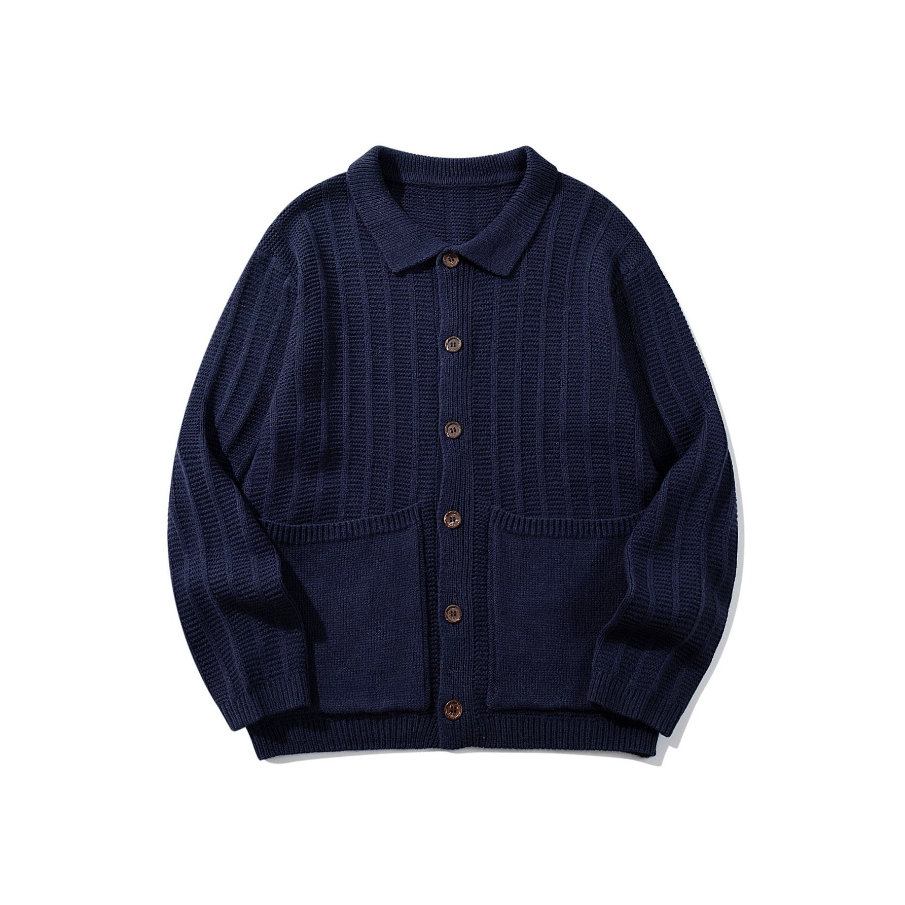 Unisex Textured Knit Cardigan with Shirt Collar and Patch Pockets Chichicherry