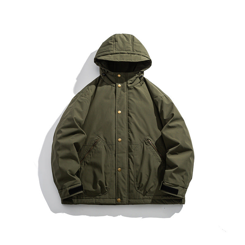 Men's short-cut weatherproof hybrid parka with hood, snap button placket and slanted zipper pockets Chichicherry