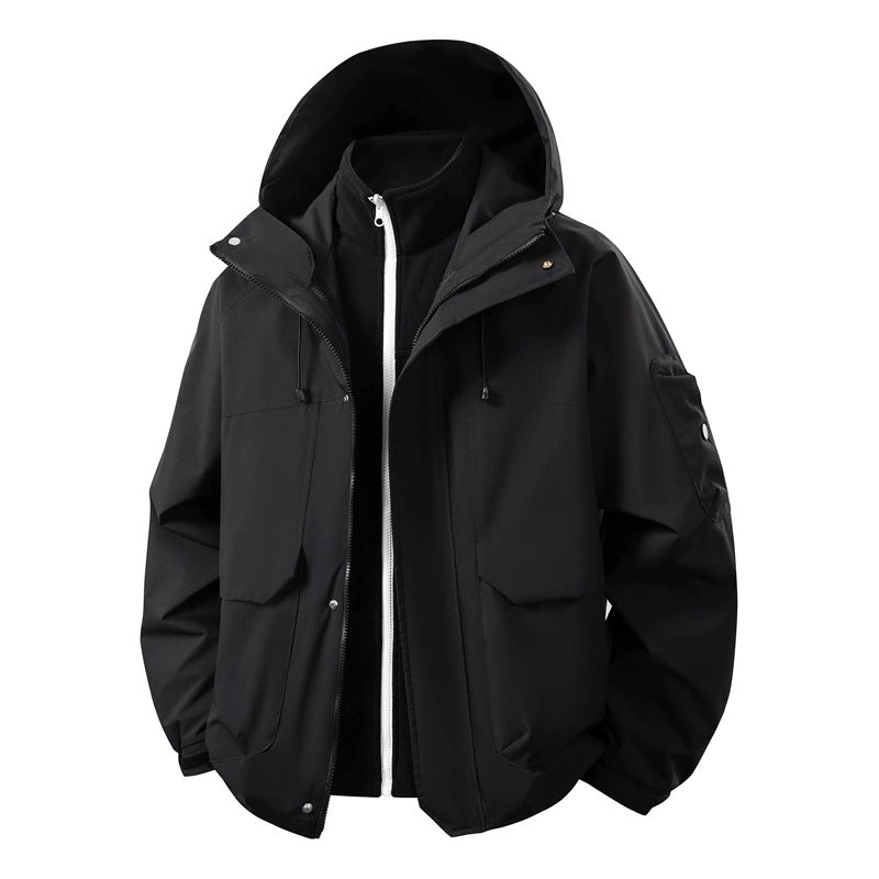 Men's Water-Repellent Double Jacket with Removable Fleece Inner Jacket and Hood Chichicherry