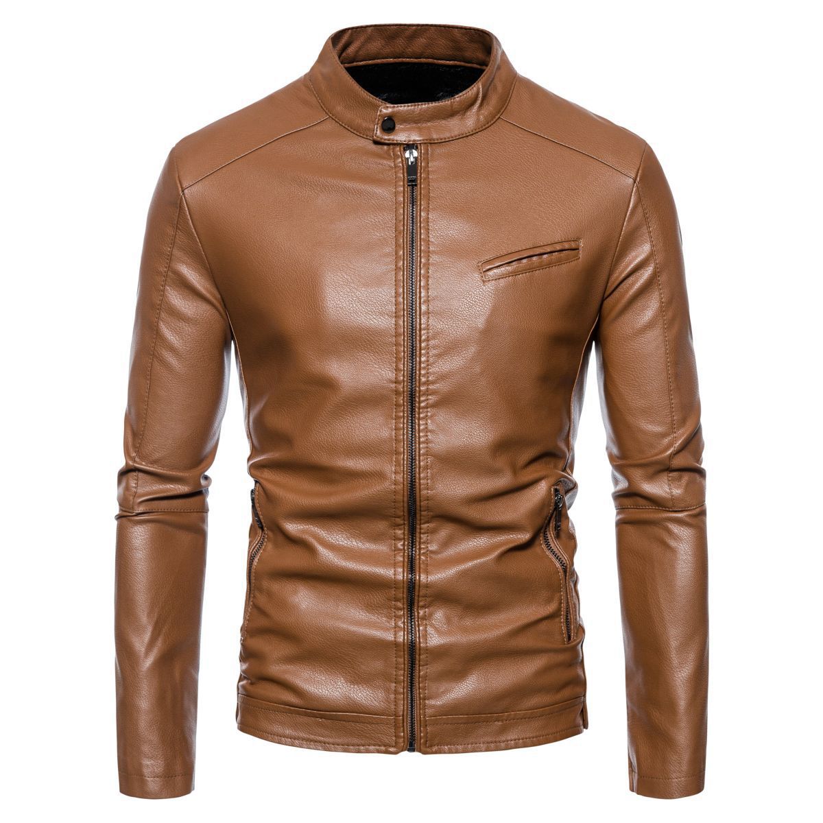 Men's Slim Faux Leather Biker Jacket with Stand-up Collar, Faux Fur Lining and Zipper Pockets Chichicherry