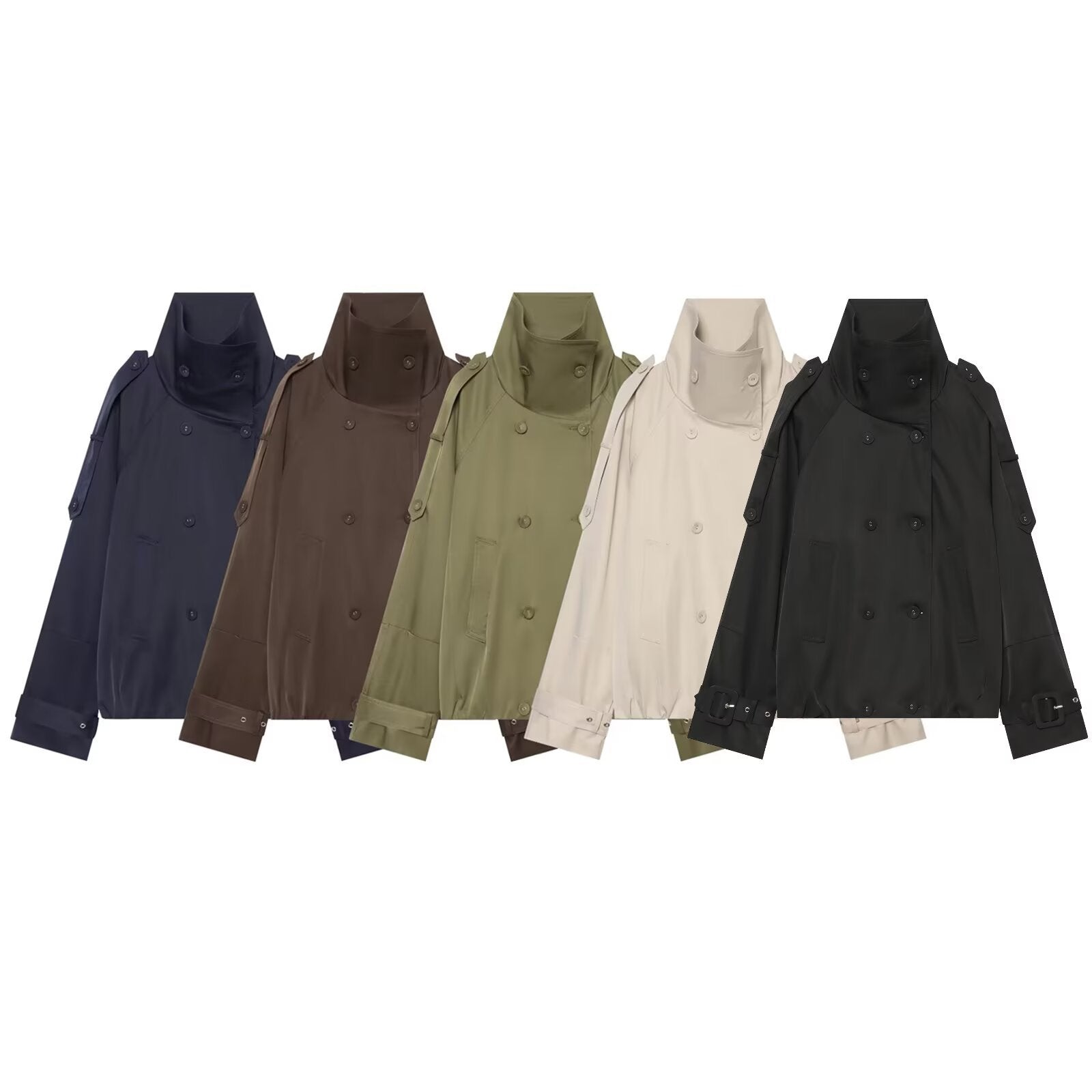 Women's Short Cape Trench with High Funnel Collar and Adjustable Sleeve Straps Chichicherry