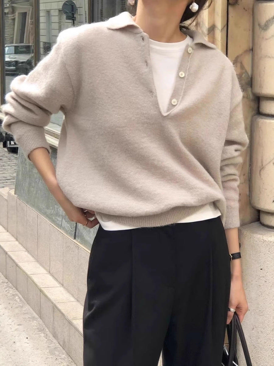 Women's Soft Hoodie in Mohair Look with Deep V-Neck and Half Button Placket Chichicherry