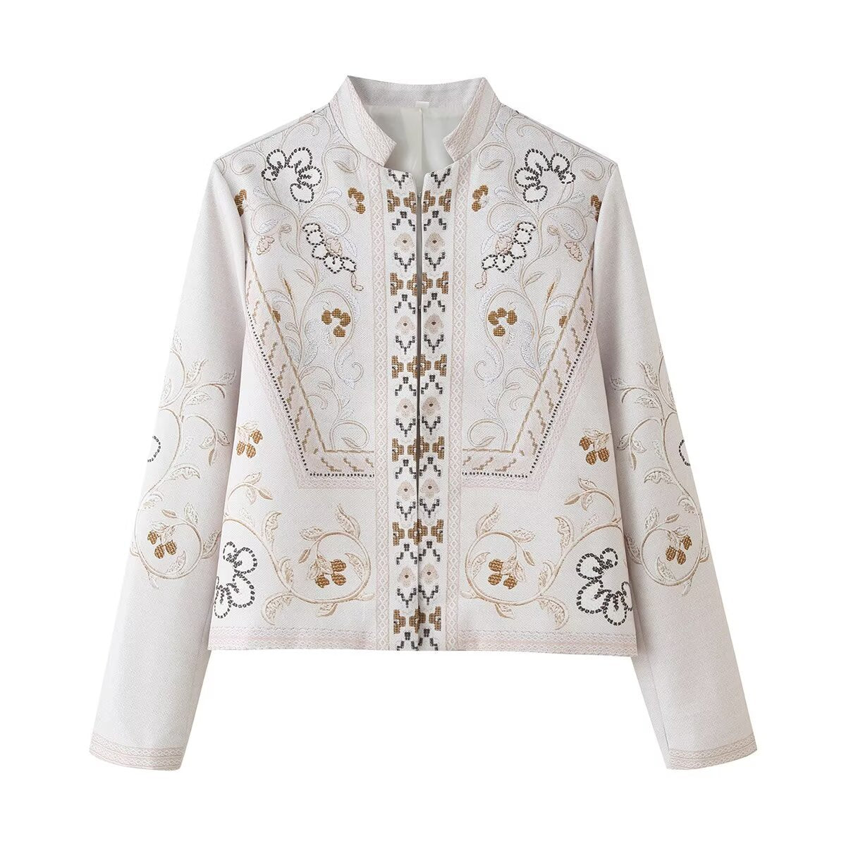 Women embroidered boxy short jacket with stand-up collar and floral embroidery Chichicherry