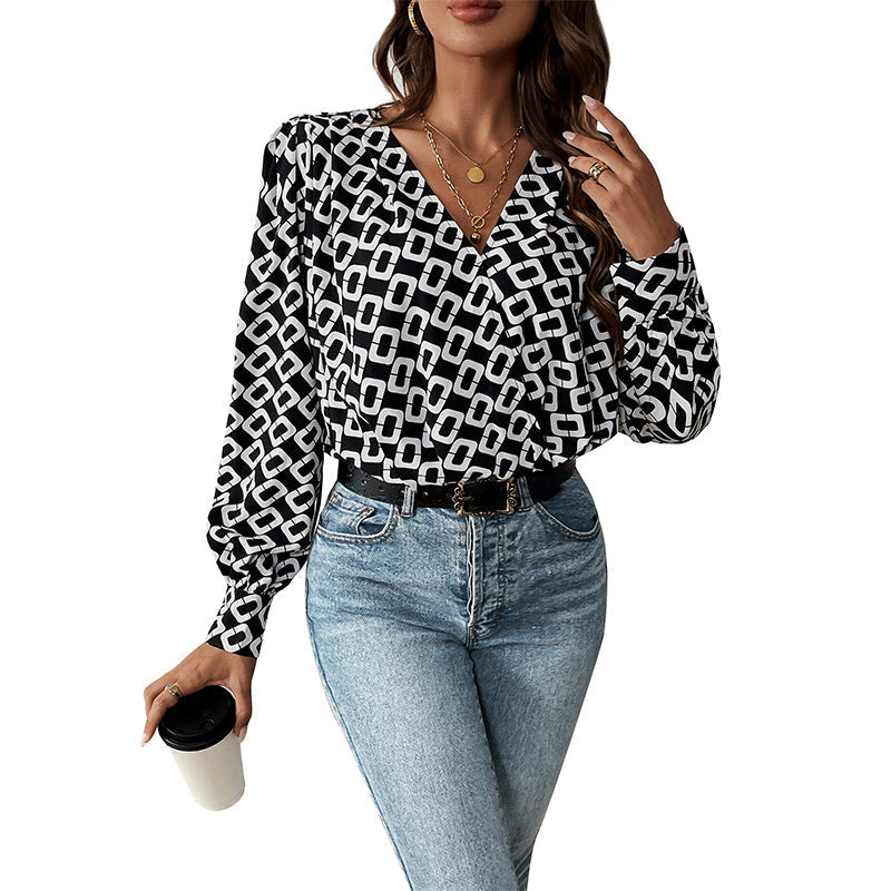 Women's Geometric Print Wrap Blouse with V-Neck, Gathered Shoulders and Balloon-Sleeves Chichicherry