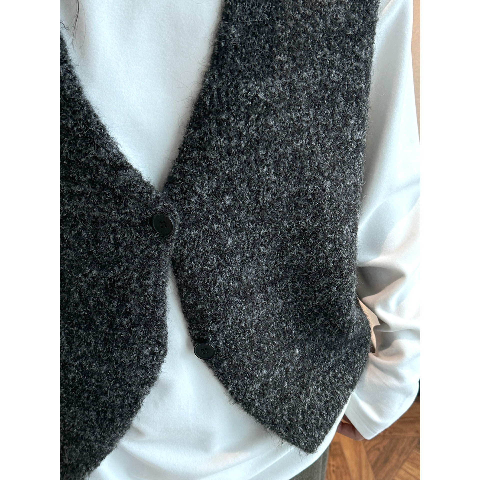 Women's Cozy Boucle Vest with V-Neck and Button Placket Chichicherry