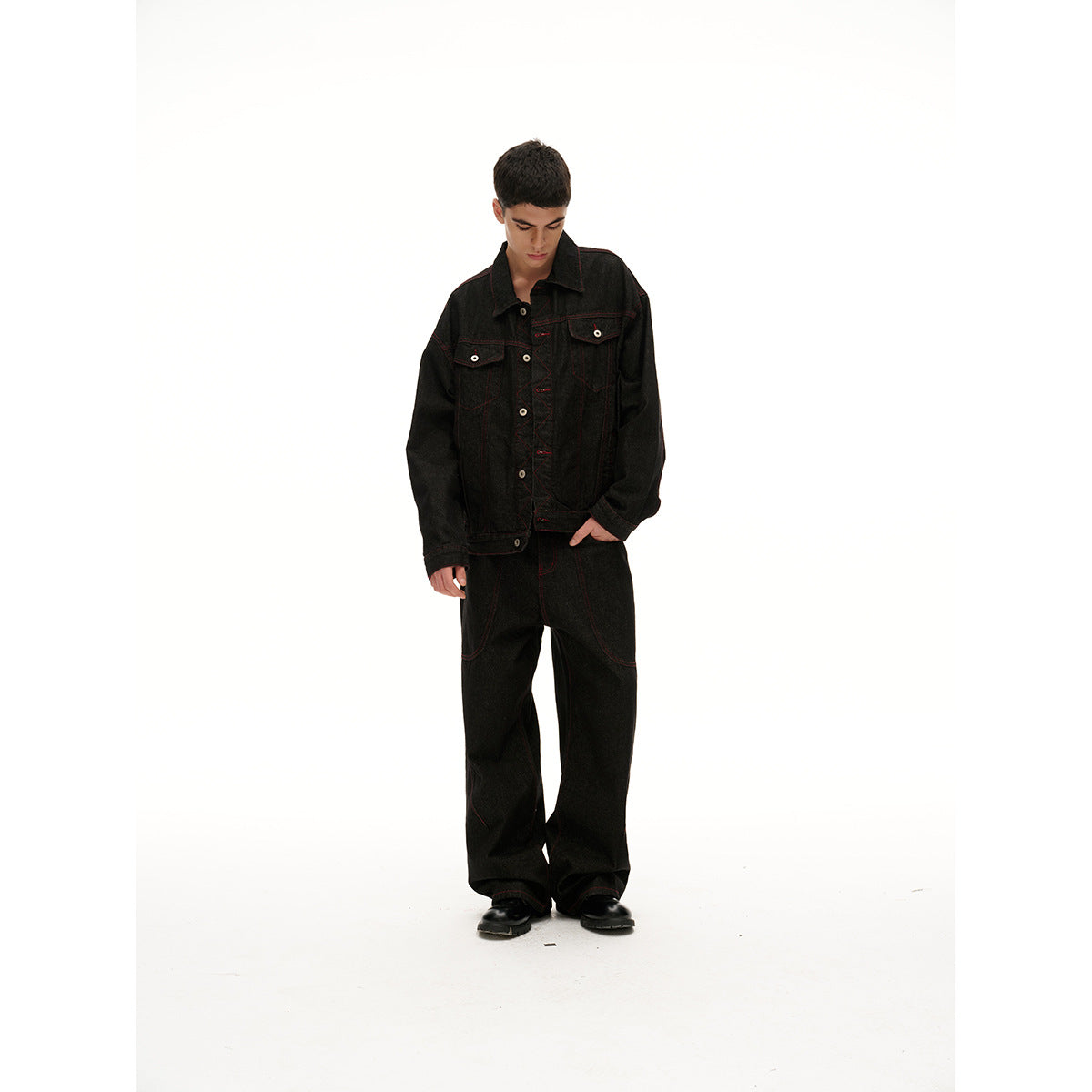 Men's Boxy Denim Jacket with Red Contrast Stitching and Metal Buttons Chichicherry