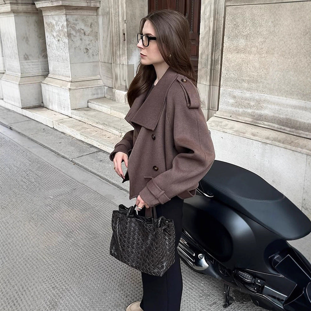Women's Short Double-Breasted Wool Blend Peacoat with Dropped Shoulders and Epaulettes Chichicherry
