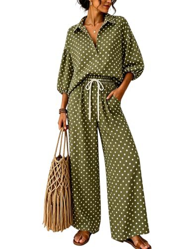 Women's Polka Dot Two-Piece Lounge Set with Shirt Blouse Top and Drawstring Wide Leg Pants Chichicherry