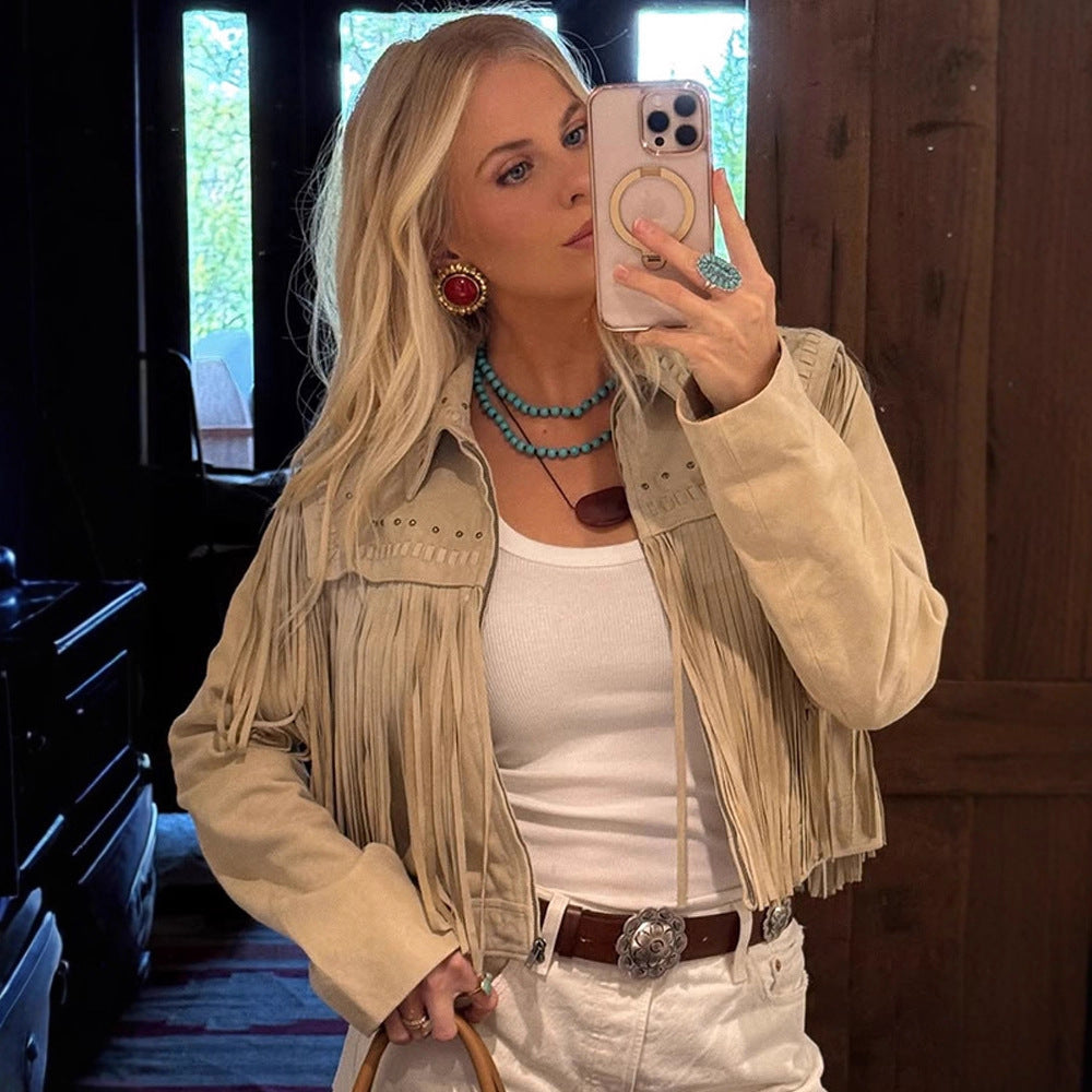 Women's Cropped Suede-Style Fringe Jacket with Stud Application Chichicherry
