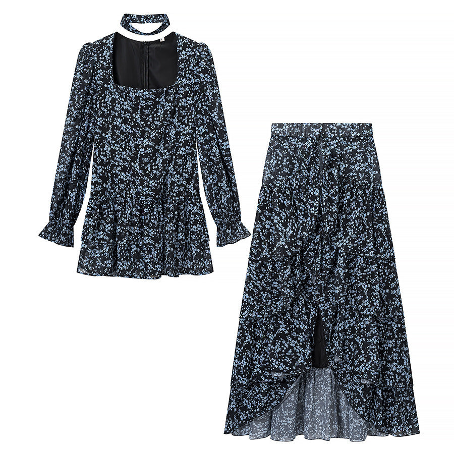 Women’s Two-Piece Chiffon Set – Tailored Ruffle Blouse with Square Neckline, Choker and Tiered Wrap Maxi Skirt Chichicherry