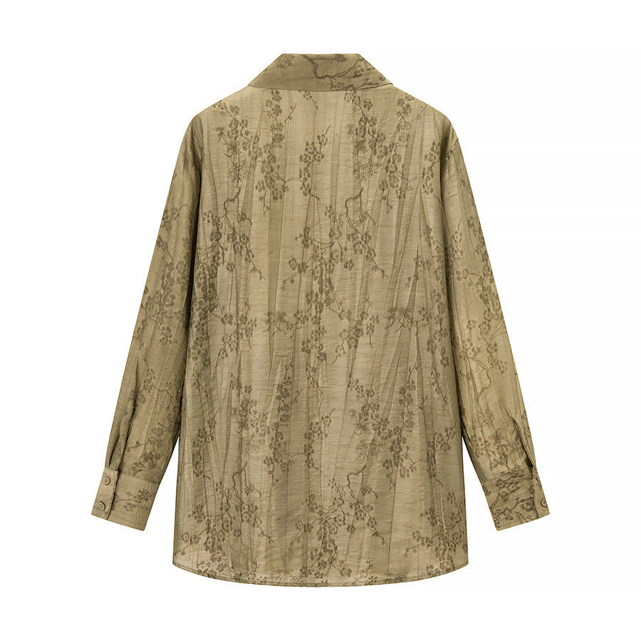 Women Two-Piece Jacquard Loungewear Set with Shirt Blouse and Wide Palazzo Pants Chichicherry