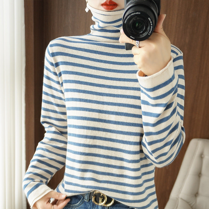 Ladies Maritime Fine Knit Turtleneck with Fine Stripe Pattern and Slim Fit Chichicherry