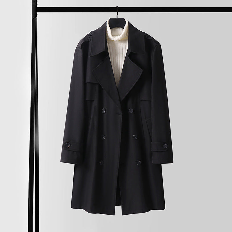 Women's Double-breasted Short Trench Coat made of lightweight wool blend with a soft drape and shoulder flaps Chichicherry