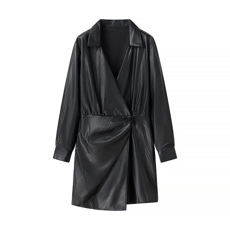 Women's Wrap Faux Leather Mini Dress with Shirt Collar, Gathered Waistline and Cuffs Chichicherry