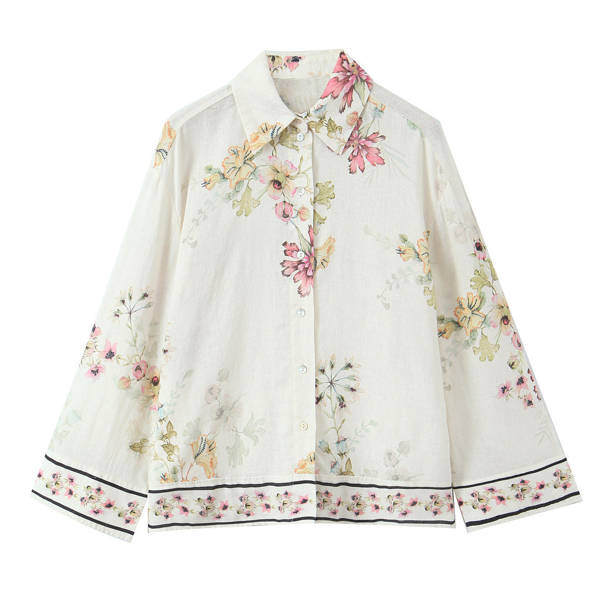 Women's loose-fitting floral button-down blouse with border print Chichicherry