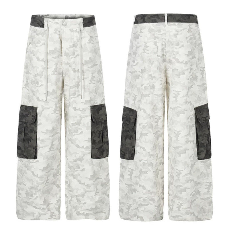 Women's Wide Cargo Pants with High Waist, Camouflage Print and Contrast Pockets Chichicherry