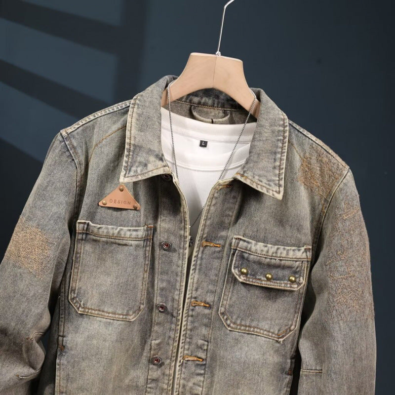 Herren Vintage-inspirierte Jeansjacke im Worker-Look mit Used-Wash und aufgesetzten Brusttaschen Chichicherry