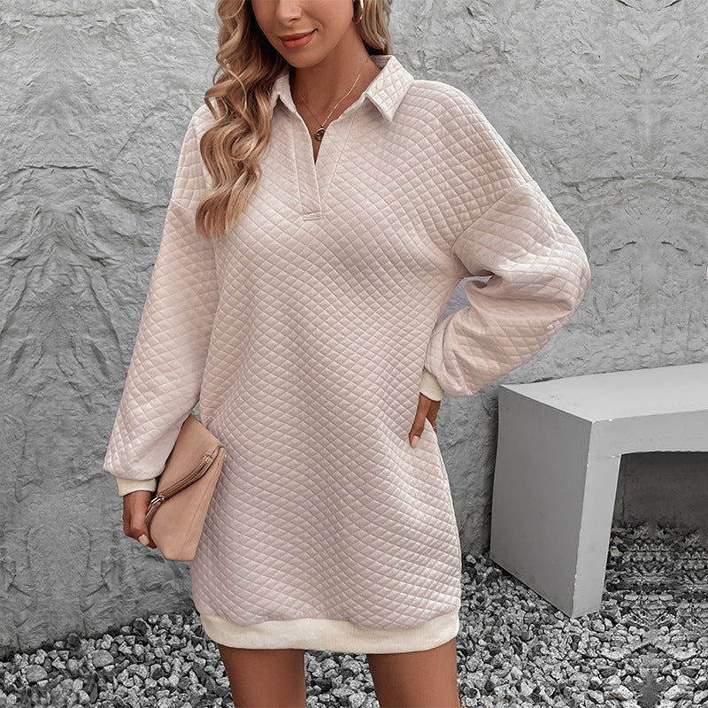 Women Quilted Sweat Dress-Tunic with Polo Collar and Ribbed Hem