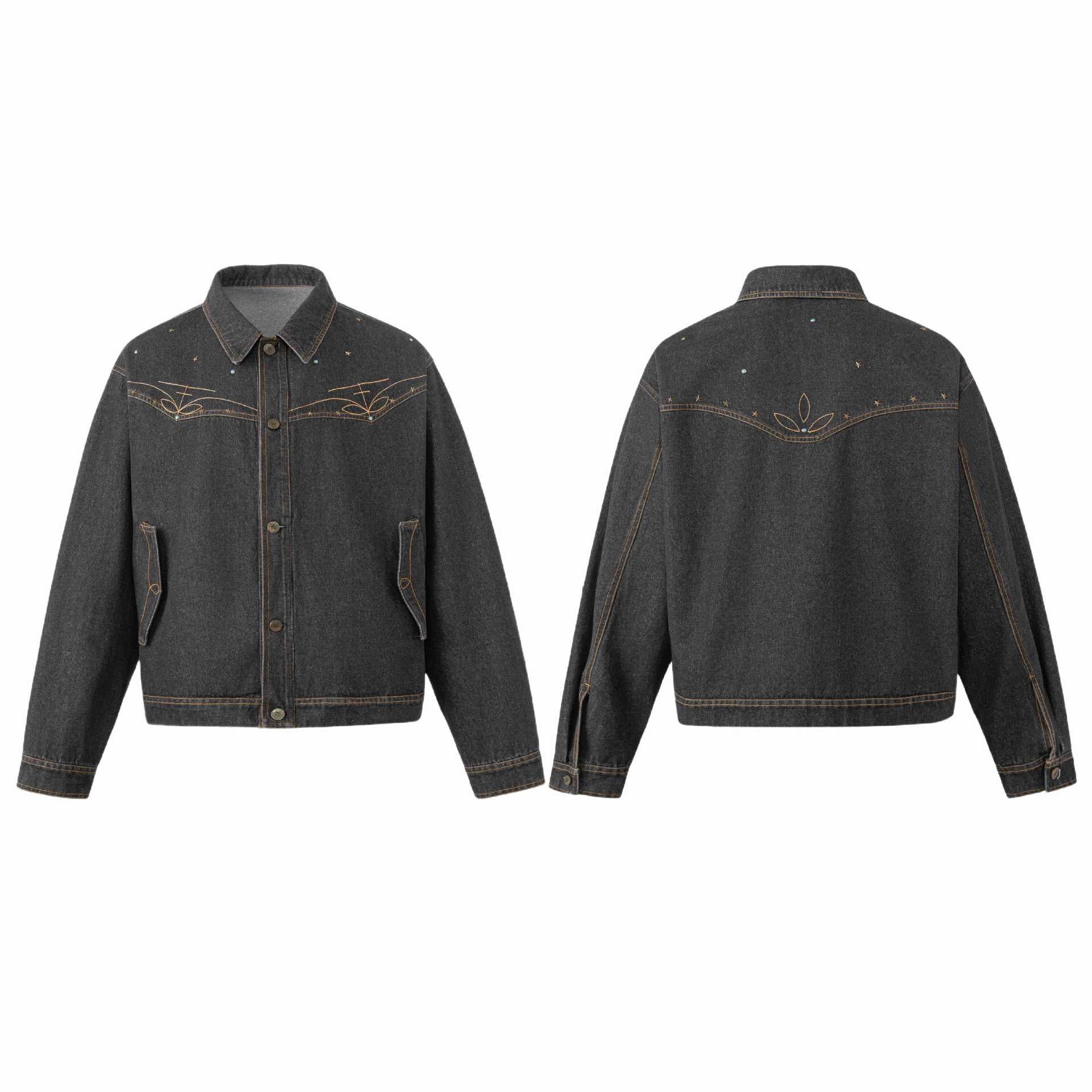 Unisex Boxy-Jeans Jacket with Star Embroidery and Decorative Studs Chichicherry