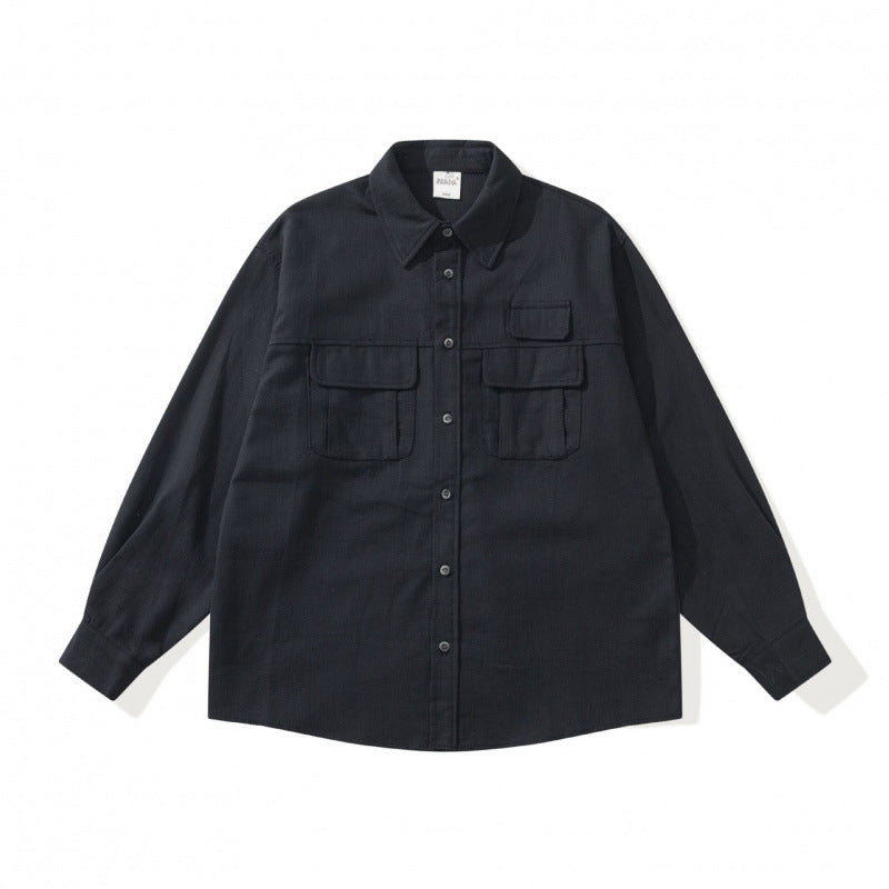 Unisex Boxy Overshirt Jacket in Utility Style with Patch Flap Pockets and Shirt Collar Chichicherry