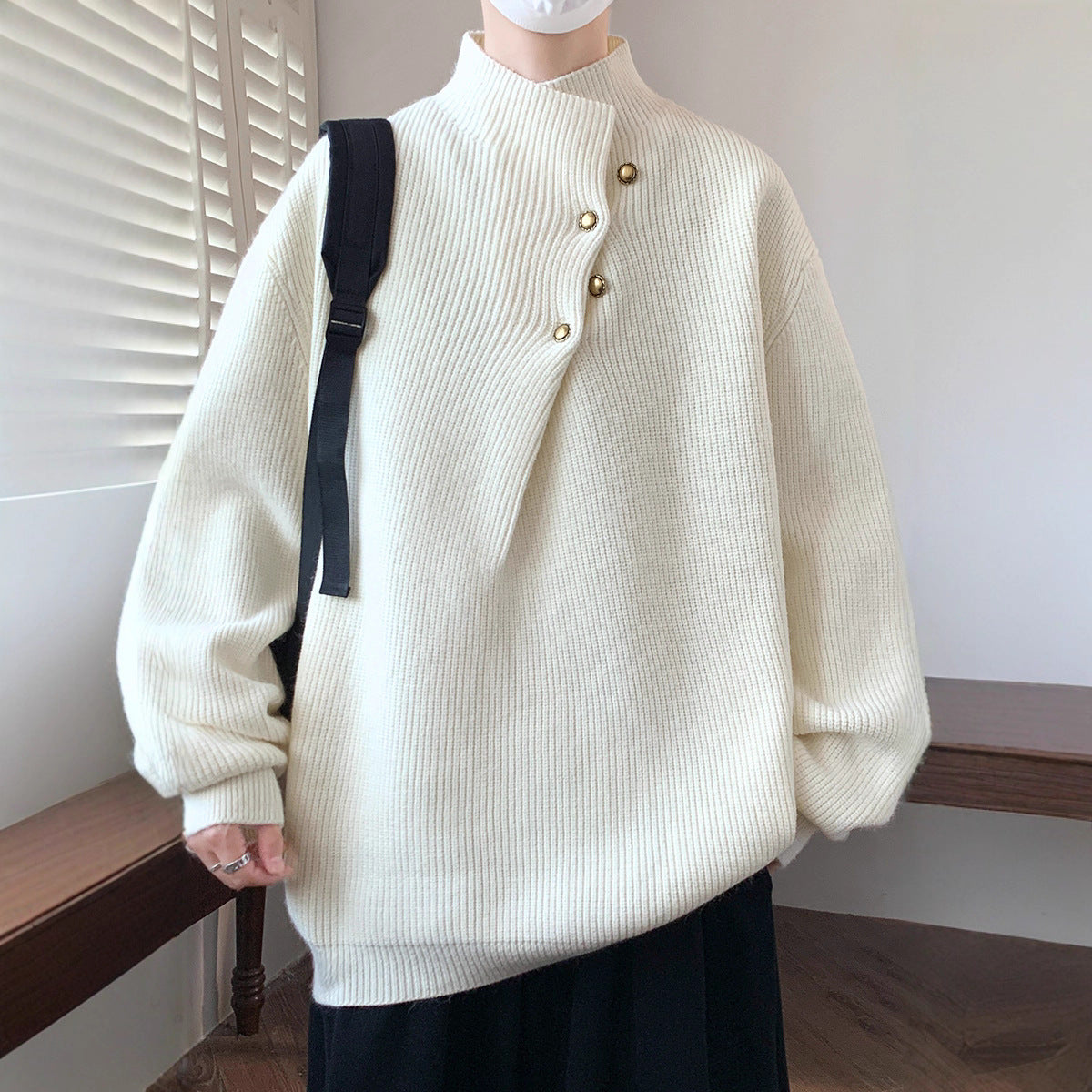 Men's Oversized Ribbed Sweater with Asymmetric Button Collar Chichicherry