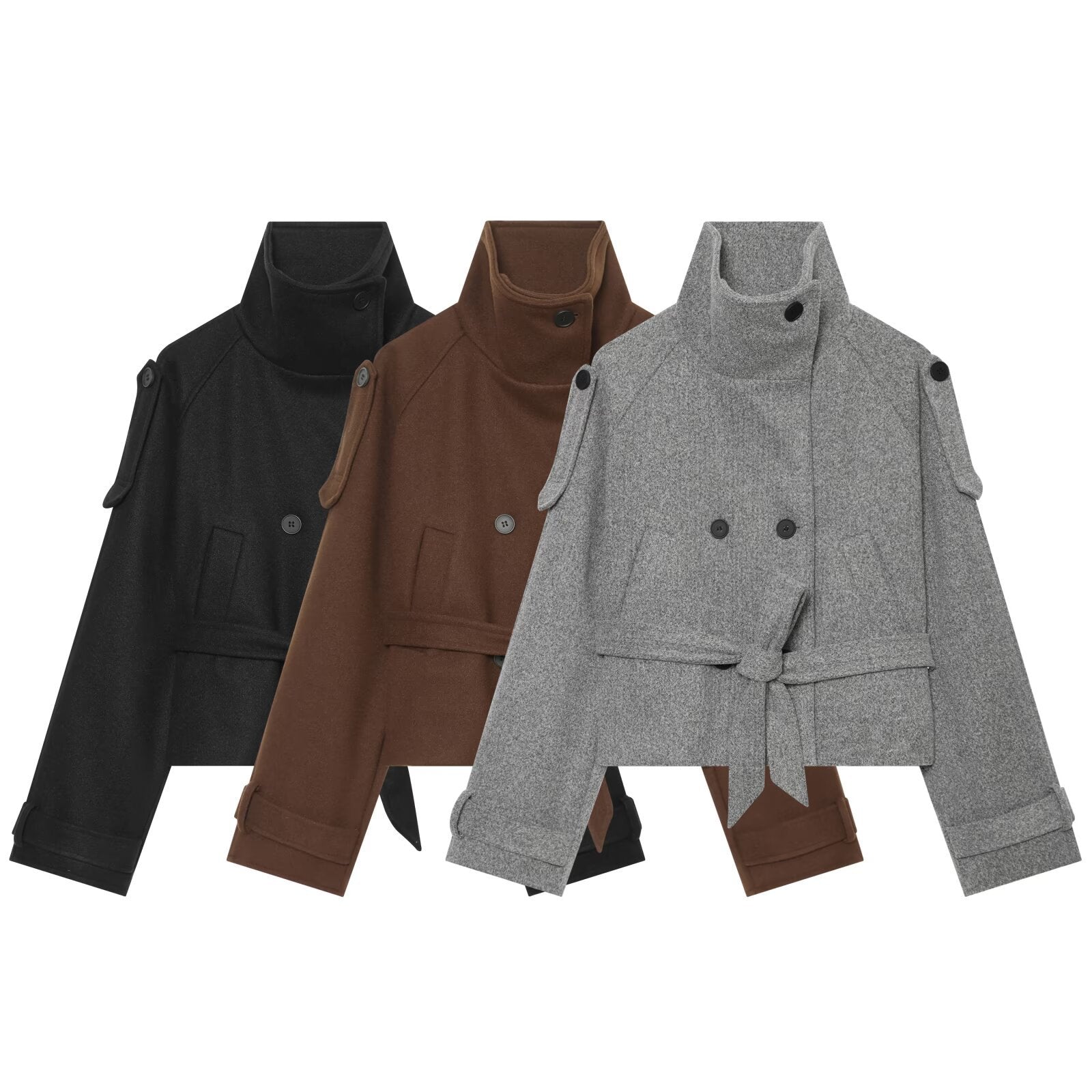 Women Short Wool Blend Cape Jacket with Waist Belt and Funnel Collar Chichicherry