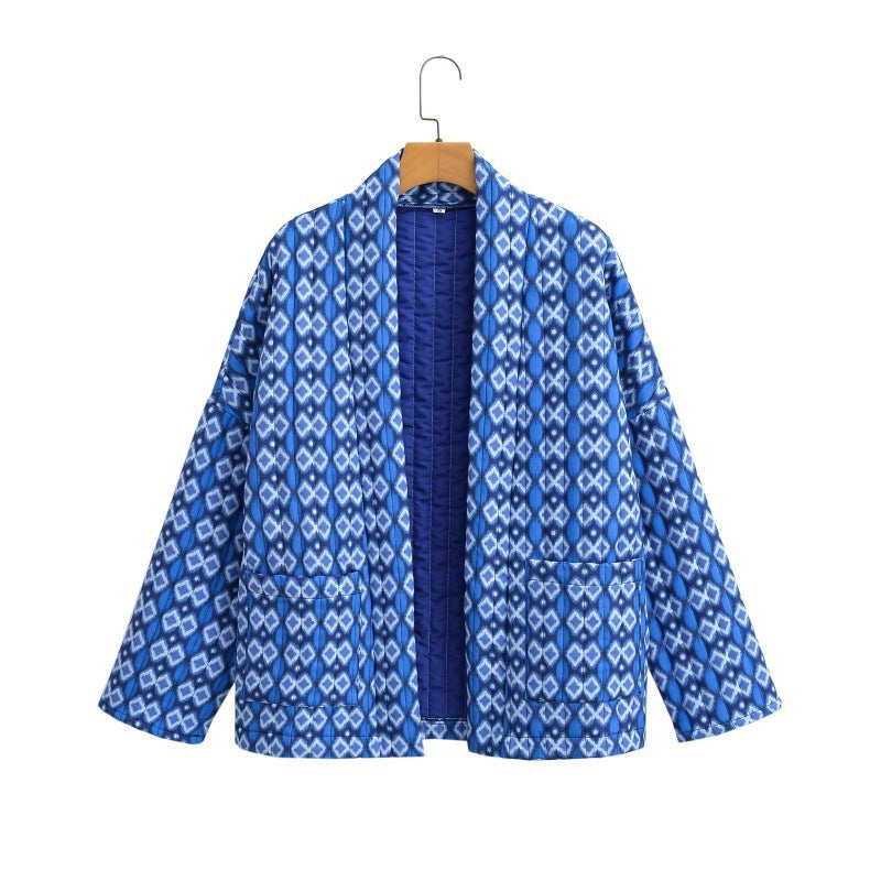 Women Patterned Quilted Kimono Jacket with Patch Pockets Chichicherry