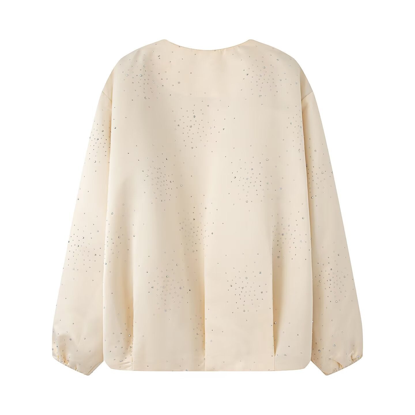 Women's Shiny Bomber Jacket with Decorative Stone Trim and Elastic Hem Chichicherry