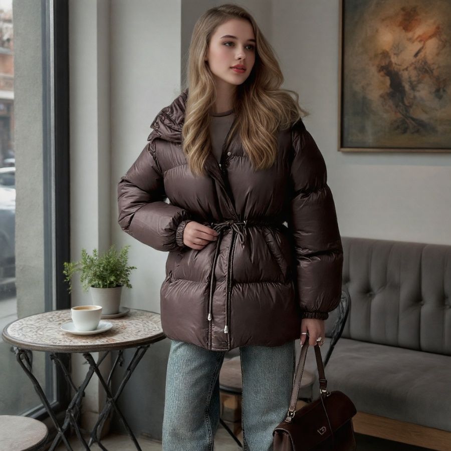 Women Tailored Quilted Jacket in Down Look with Drawstring and Hood Chichicherry