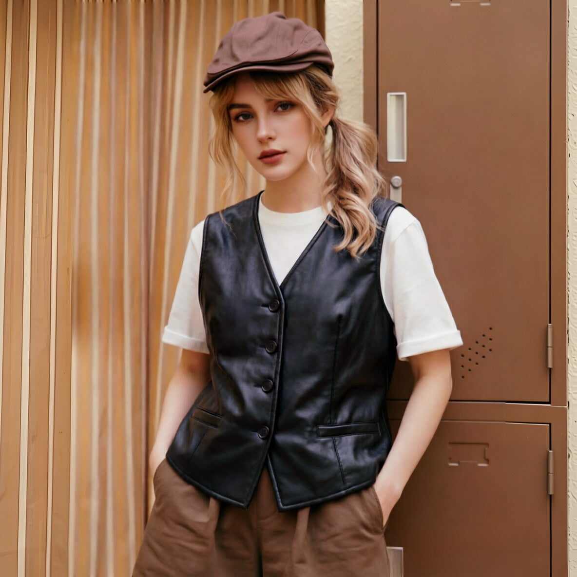 Women Tailored Leather Vest with V-Neck and Button Placket Chichicherry