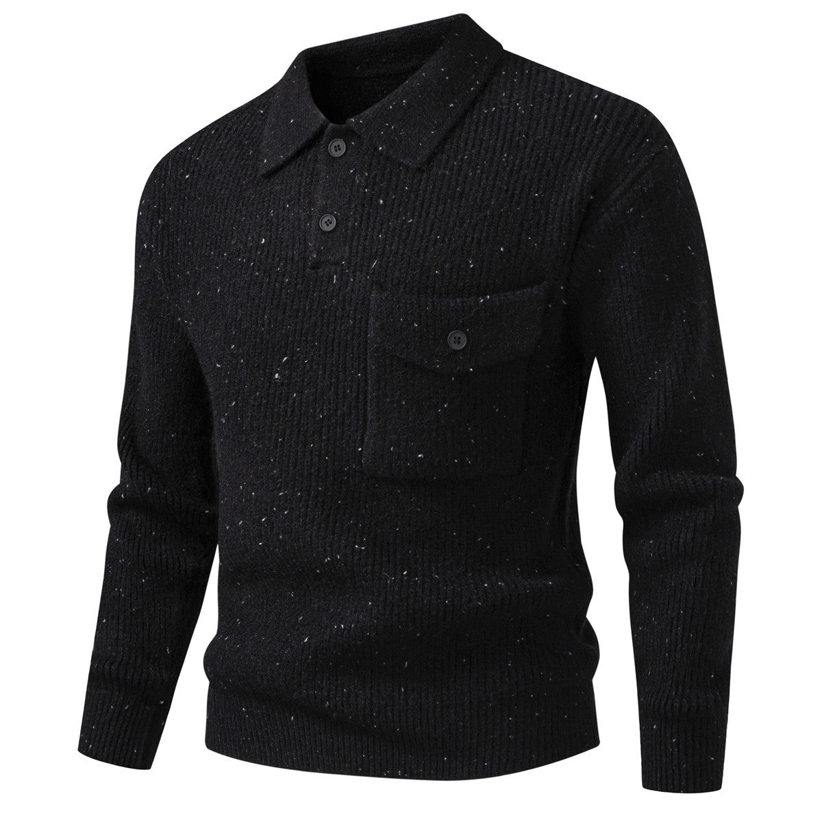 Men's ribbed knit polo collar sweater with patch chest pocket Chichicherry