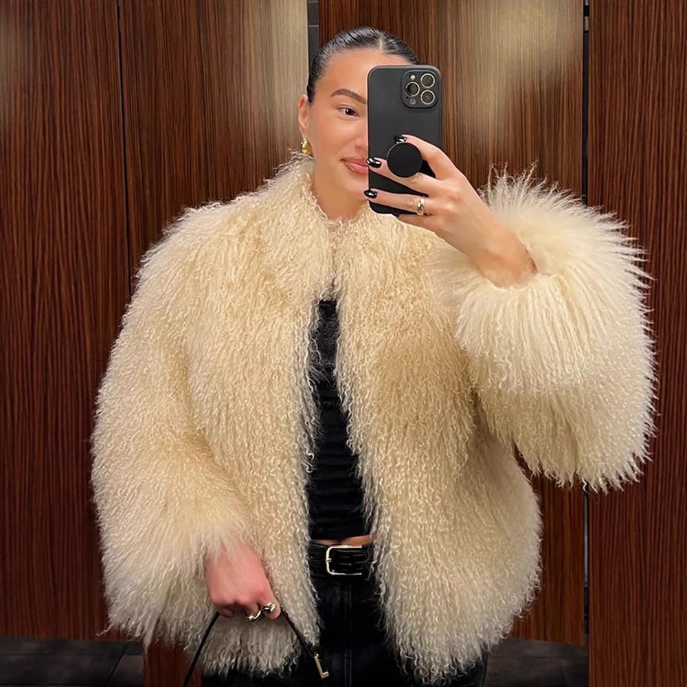 Women's Boxy Faux Fur Bomber Jacket with Curly Lambskin Look and Extra Volume Chichicherry