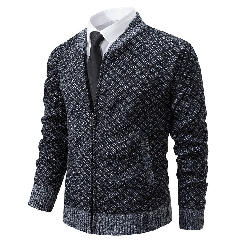 Men's knitted zip jacket with fine jacquard pattern, full zip and ribbed hem Chichicherry