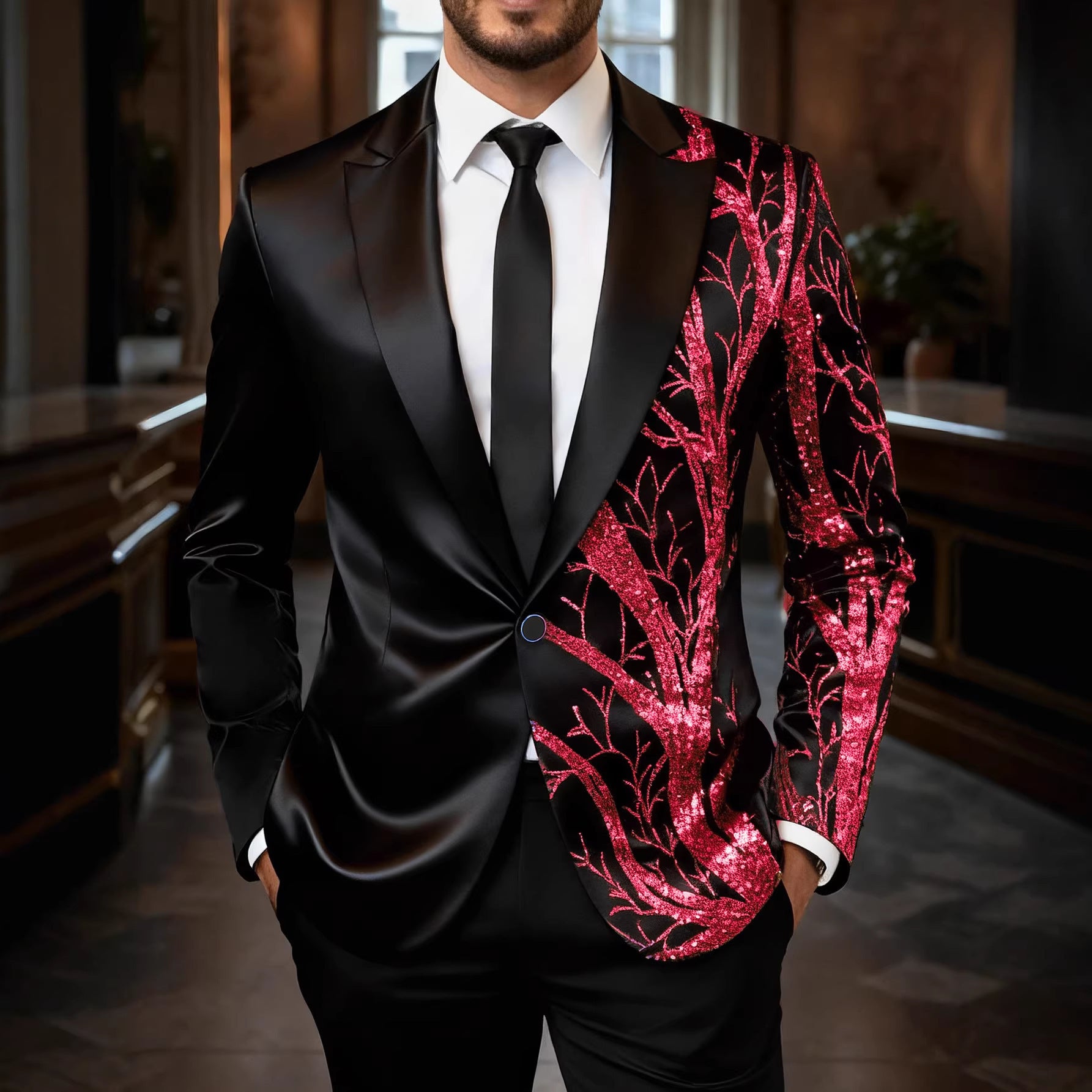 Men's tuxedo blazer with gold sequin trim and tailored satin look Chichicherry
