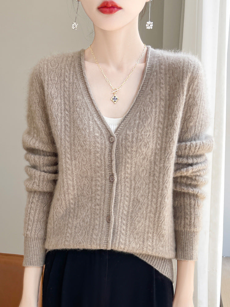 Ladies Short Cable Knit Cardigan in Mohair Look with V-neck and Ribbed Cuffs Chichicherry