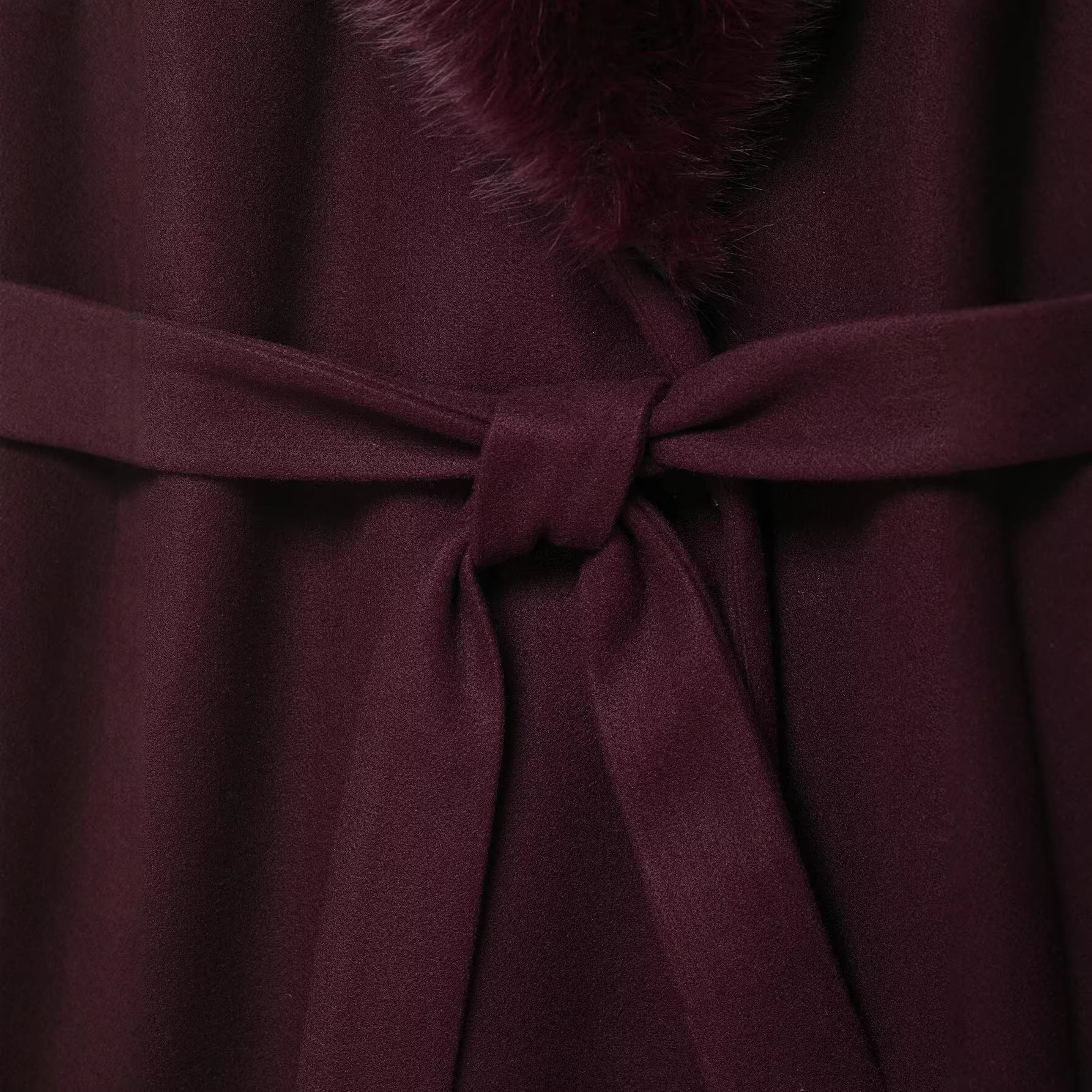 Women’s Long Wool Coat with Large Faux Fur Shawl Collar and Waist Belt Chichicherry