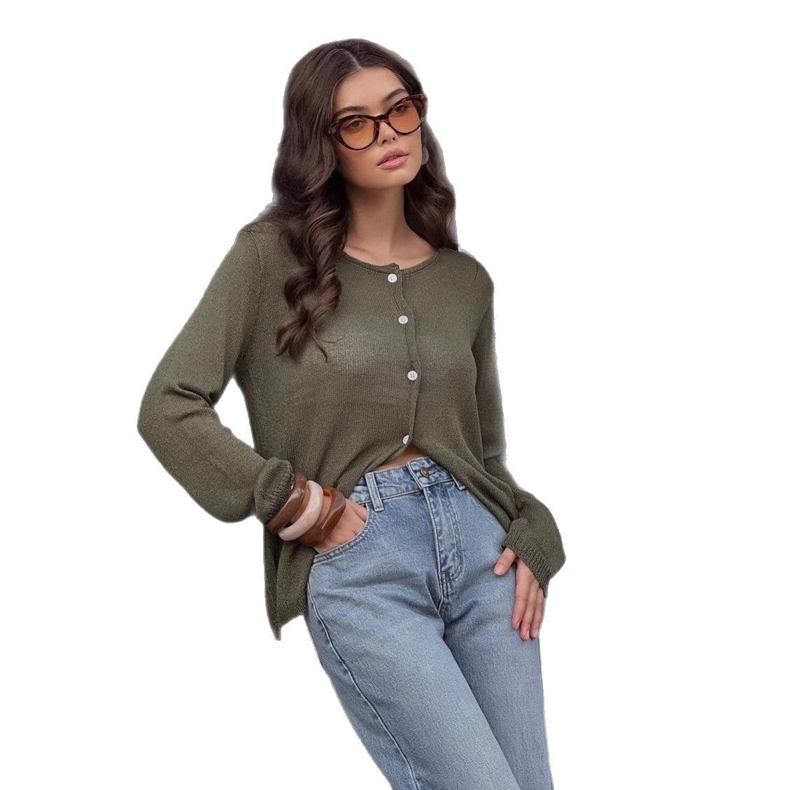 Damen leichter halbtransparenter Feinstrick-Cardigan mit Rundhals und Knopfleiste Chichicherry