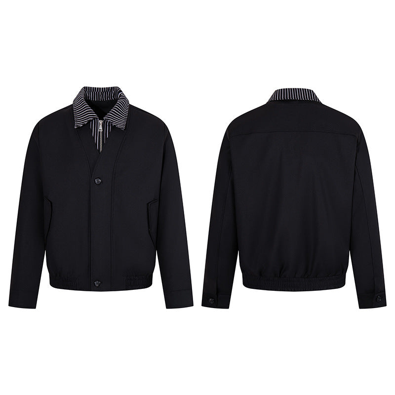 Men's short-cut blouson jacket with striped inner collar, concealed two-way zipper, and elastic hem Chichicherry