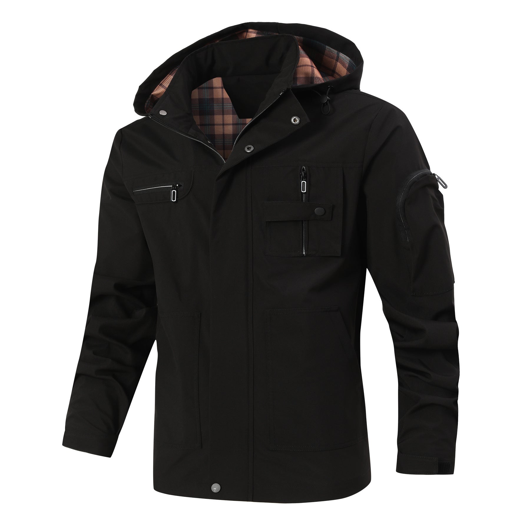 Men's outdoor parka with checked inner lining, hood and multifunction pockets Chichicherry