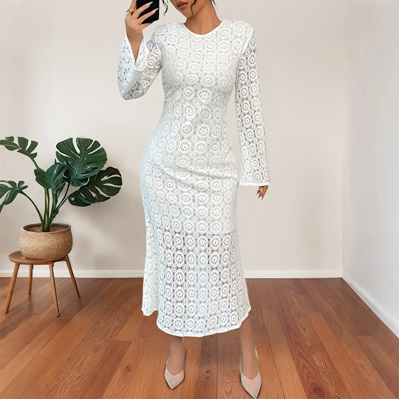 Ladies' midi dress made of crochet lace with a fitted silhouette, trumpet sleeves, and flared hem Chichicherry