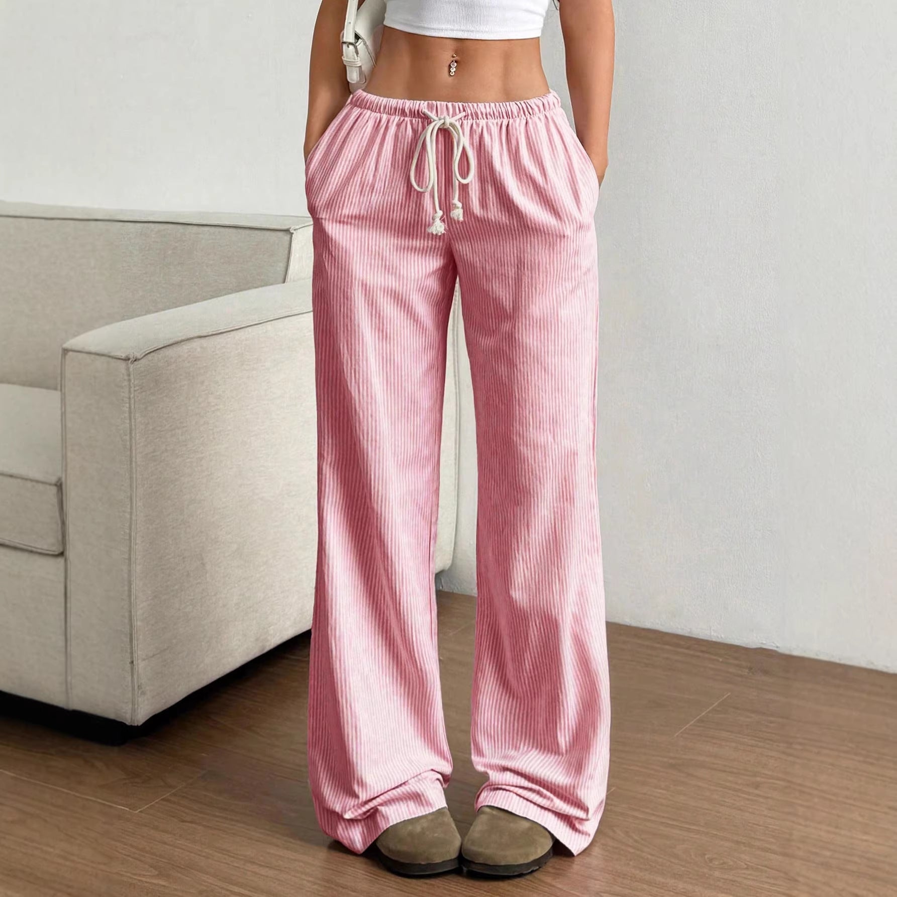 Ladies Wide Leisure Pants with Drawstring, Elastic Waistband and Fine Stripe Texture Chichicherry