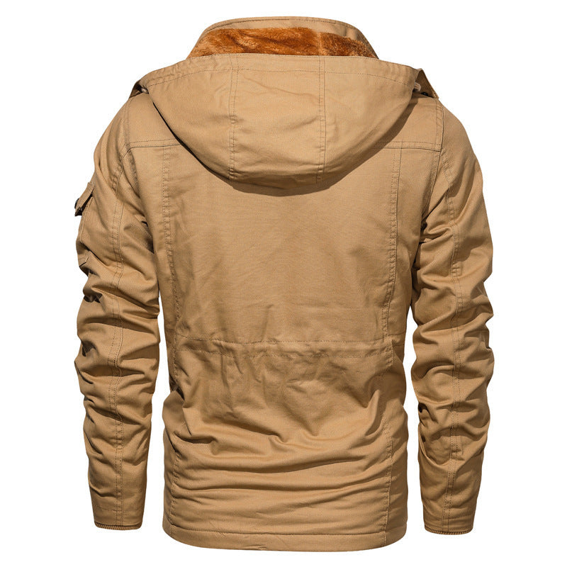 Men's canvas parka in military utility style with teddy fleece lining, drawstring waist, and multifunctional pockets Chichicherry
