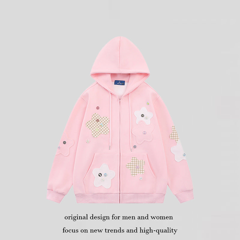 Women Oversize Zip Hoodie with Floral Star Appliqués and Button Details Chichicherry