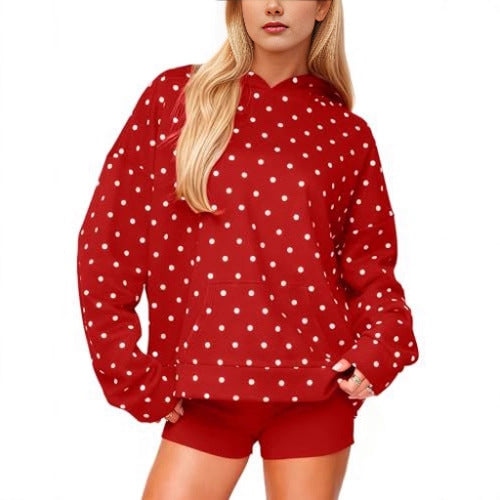 Women Polka Dot Oversized Hoodie with Kangaroo Pocket Chichicherry